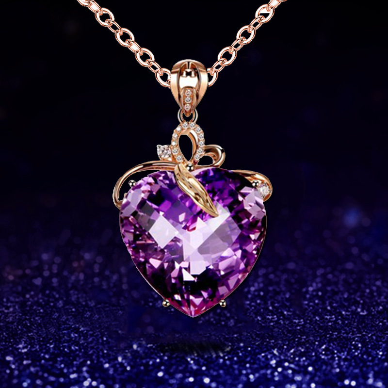 XC12474时尚女式心形紫水晶宝石吊坠项链桃心紫晶项链首饰