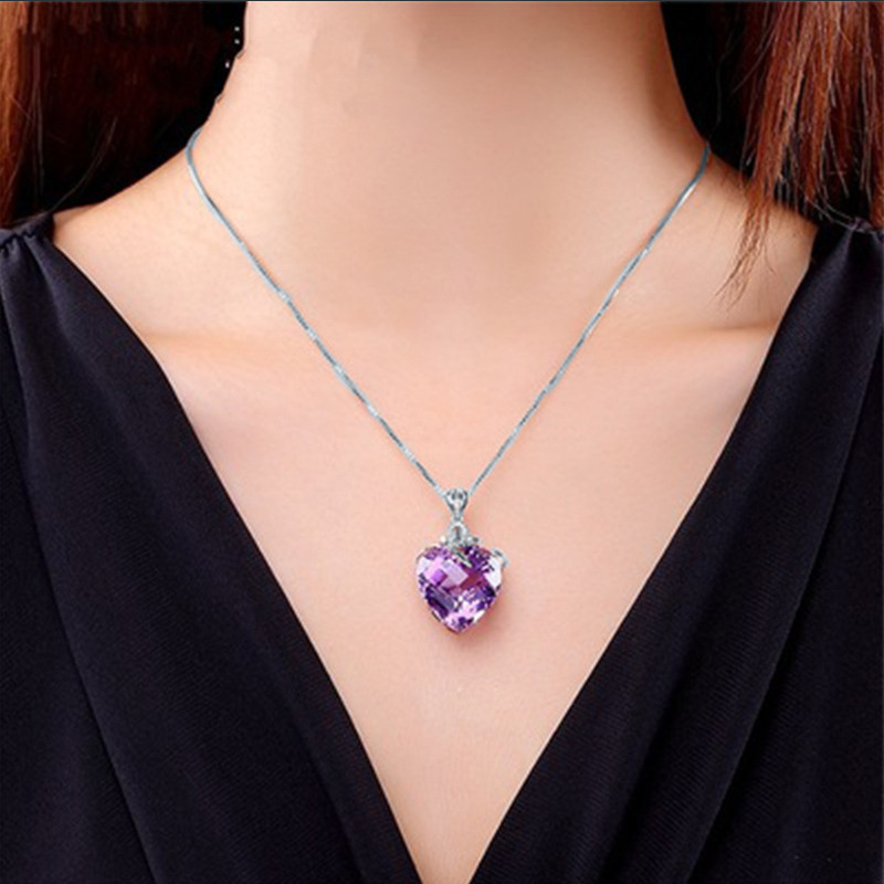 XC12474时尚女式心形紫水晶宝石吊坠项链桃心紫晶项链首饰